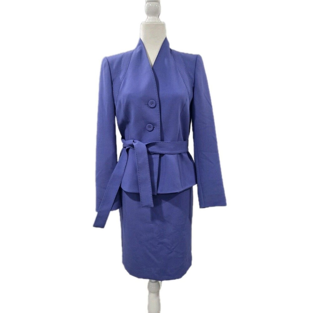 Anne Klein 3 Piece Skirt Suit Set With Belt Blue Size 8 Skirt Blazer Jacket